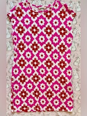 Boden Pink Red White Geometric Floral Knit Shift Dress